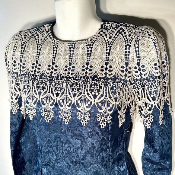 Vintage In The Mood SZ 8 Teal Satin Brocade Crochet Cape Collar Midi Dress 80's - Picture 3 of 9